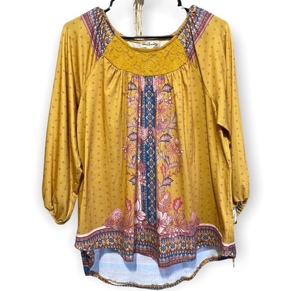 World Unity Flowy Yellow Patterned Blouse